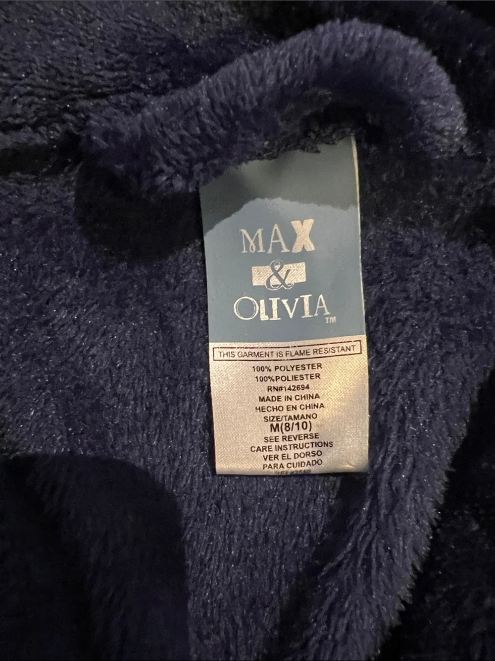 Max & Olivia Kids Plush Navy Blue Hoodless Bath Robe with Belt S-M(8/10)